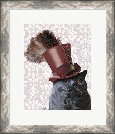 Framed Grey Cat With Steampunk Top Hat Print