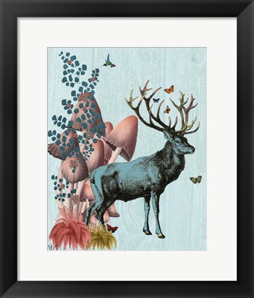 Framed Turquoise Deer in Mushroom Forest Print