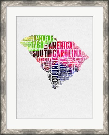 Framed South Carolina Watercolor Word Cloud Print