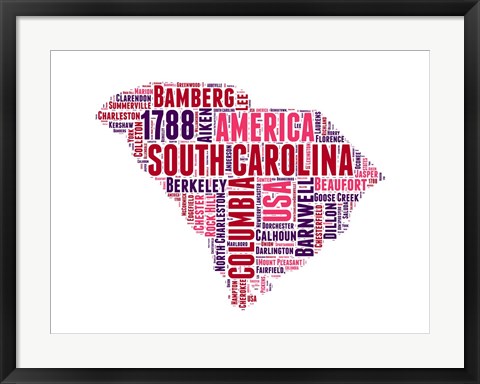 Framed South Carolina Word Cloud Map Print