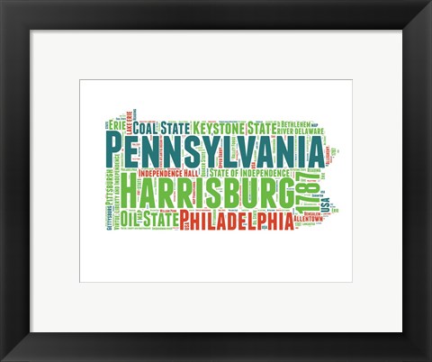 Framed Pennsylvania Word Cloud Map Print