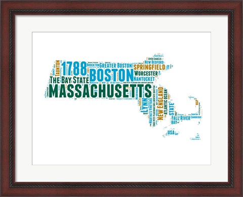 Framed Massachusetts Word Cloud Map Print