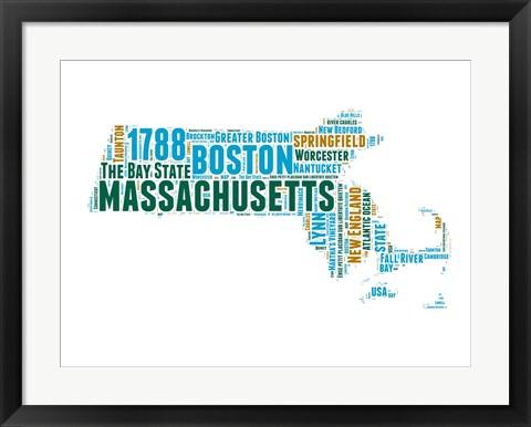 Framed Massachusetts Word Cloud Map Print