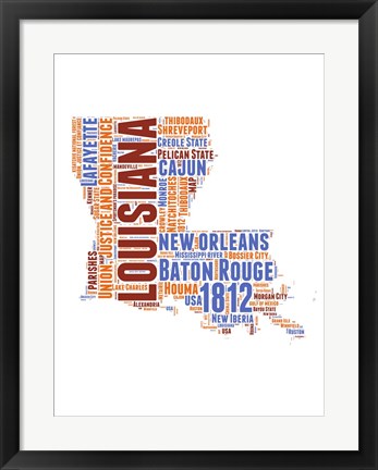 Framed Louisiana Word Cloud Map Print