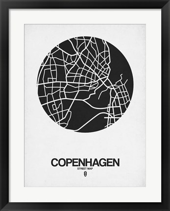Framed Copenhagen Street Map Black on White Print