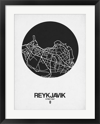 Framed Reykjavik Street Map Black on White Print