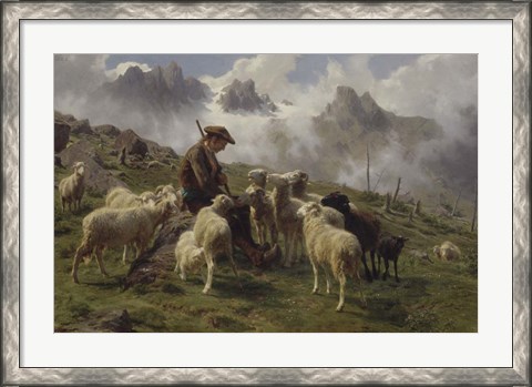 Framed Shepherd Boy in the Pyrenees Offering Salt to his Sheep, 1864 Print