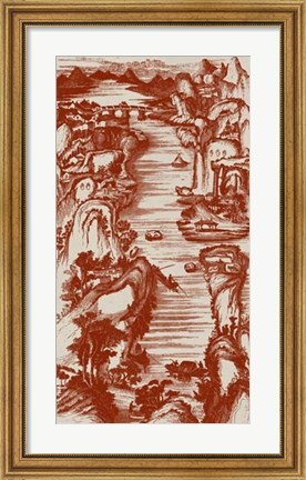Framed Chinese Bird&#39;s-eye View in Red II Print