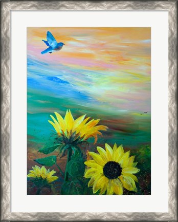 Framed BlueBird Flying Over Sunflowers Print