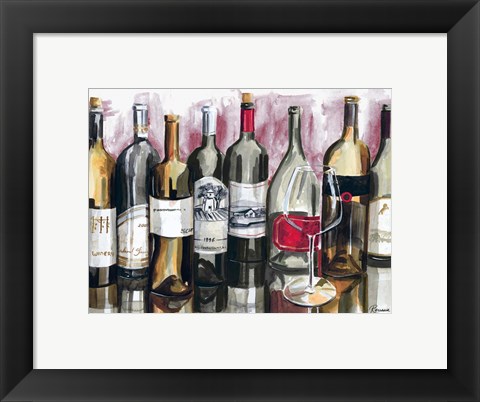 Framed Bottles Reflect on Red I Print