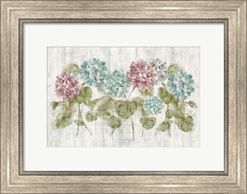 Framed Vibrant Row of Hydrangea on Wood Print