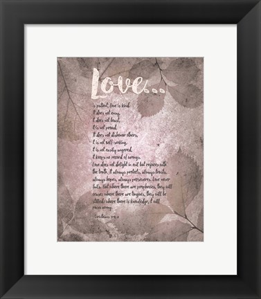 Framed Corinthians 13:4-8 Love is Patient - Grey Leaves Print