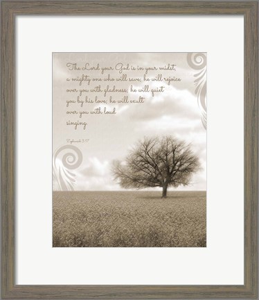 Framed Zephaniah 3:17 The Lord Your God (Grey Landscape) Print