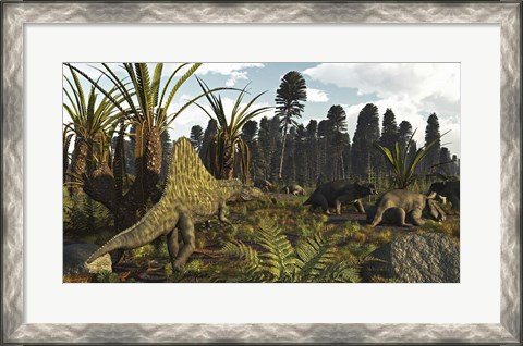 Framed Triassic Scene With The Sailback Arizonasaurus And Some Dicynodonts Print