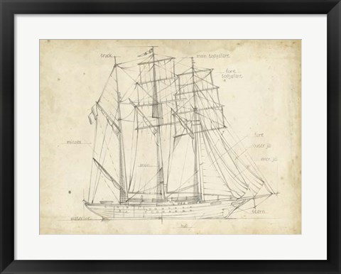 Framed Sailboat Blueprint I Print