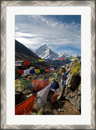 Framed Prayer flags, Everest Base Camp Trail, peak of Ama Dablam, Nepal Print