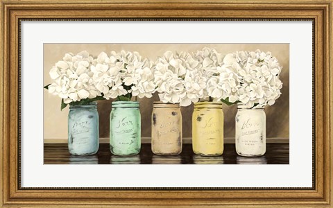 Framed Hydrangeas in Mason Jars Print