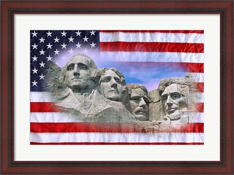 Framed American flag and Mt Rushmore National Monument, South Dakota Print