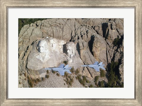 Framed Two F/A-18E Super Hornets conduct a fly by of Mount Rushmore Print
