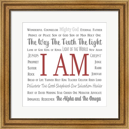 Framed Names of Jesus Square Gray and Red Text Print