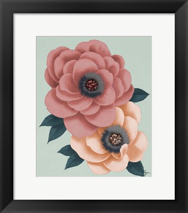 Framed Pink Flowers on Mint I Print