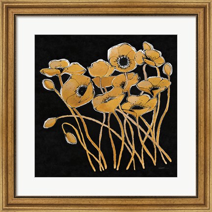 Framed Gold Black Line Poppies I v2 Print