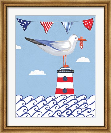 Framed Coastal Bird I Flags on Blue Print