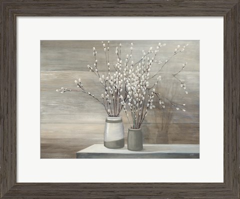 Framed Pussy Willow Still Life Gray Pots Print