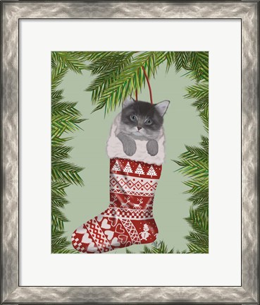 Framed Grey Kitten in Christmas Stocking Print