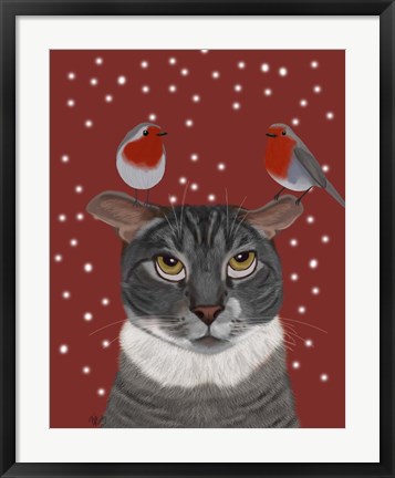 Framed Grey Cat and Robins Print