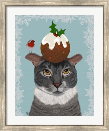 Framed Grey Cat and Christmas Pudding Print