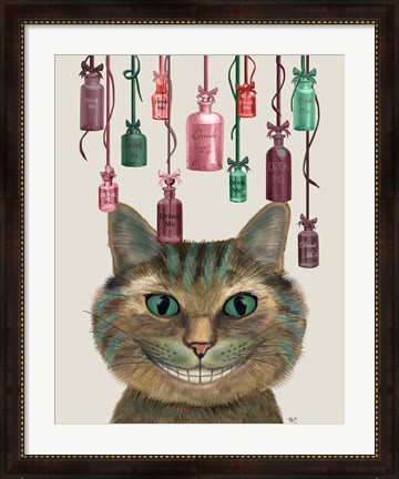 Framed Cheshire Cat and Bottles Print