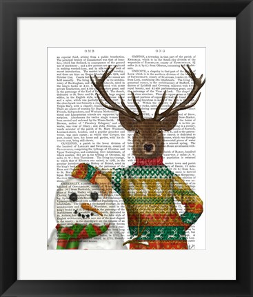 Framed Deer in Christmas Sweater with Snowman Print