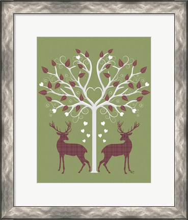 Framed Christmas Des - Deer and Heart Tree, Pink On Green Print