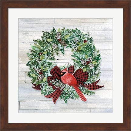 Framed Holiday Wreath I on Wood Print