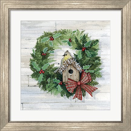 Framed Holiday Wreath III on Wood Print