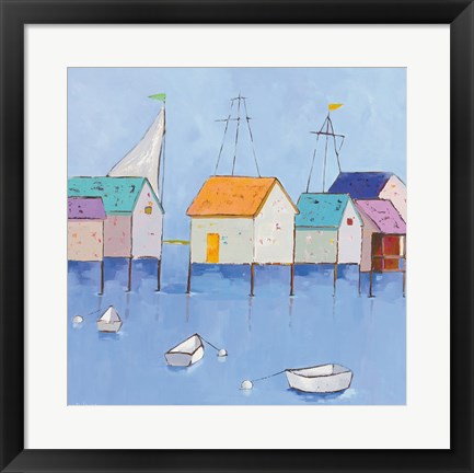 Framed Boat House Row Dark Blue Sky Print