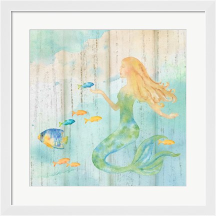 Framed Sea Splash Mermaid Woodgrain II Print