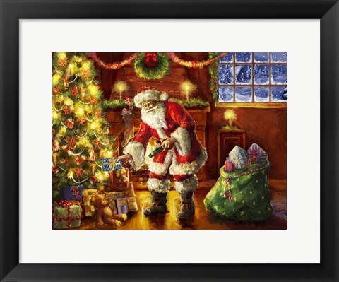 Framed Santa putting gifts under tree Print