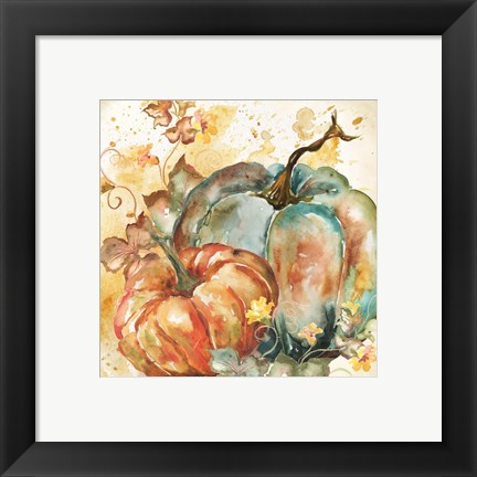 Framed Watercolor Harvest Teal and Orange Pumpkins II Print