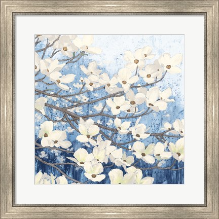 Framed Dogwood Blossoms II Indigo Print