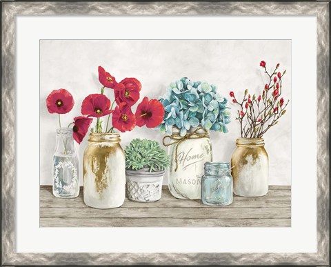 Framed Floral Composition with Mason Jars Print