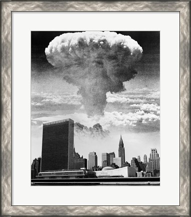 Framed 1950s 1960s Mushroom Cloud Over United Nations Building Print