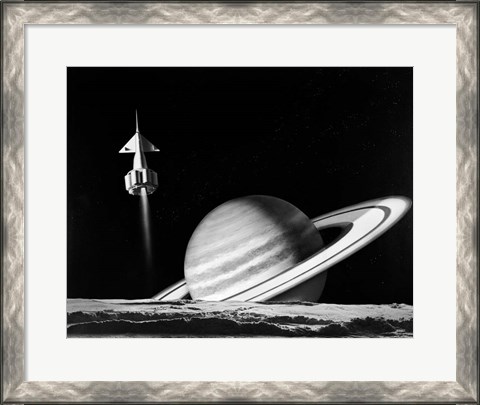 Framed 1960s Space Rocket Flying Past Saturn Print