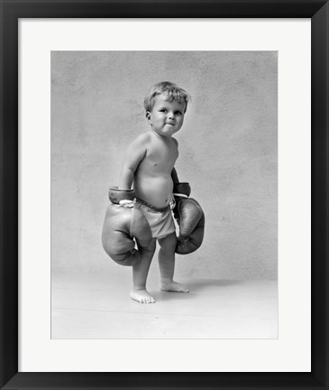Framed 1930s Baby Boy Toddler Wearing  Boxing Gloves Print