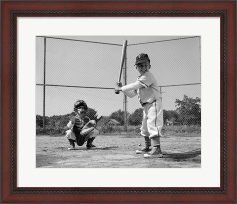 Framed 1960s Two Boys Playing Baseball Print