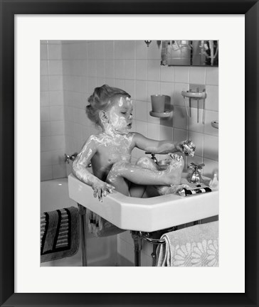Framed 1940s Girl Sitting In Sink Lathered With Soap Print