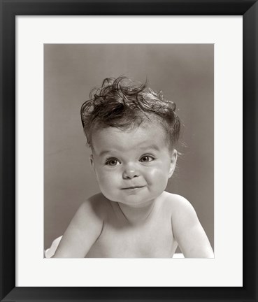 Framed 1950s Portrait Baby With Messy Curly Hair &amp; Straight Face Print