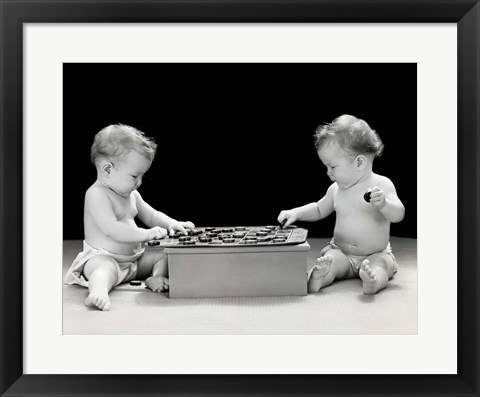Framed 1930s 1940s Twin Babies Playing Game Of Checkers Print
