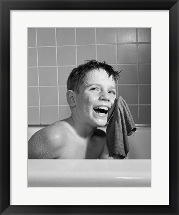 Framed 1950s 1960s Boy Washing Face Sitting In Bathtub Print